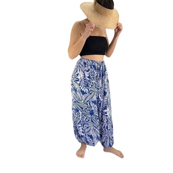 Apau ~ Gender Fluid Aladdin Gypsy Pants Blue White Tropical Floral Leaf Design - Picture 11 of 14